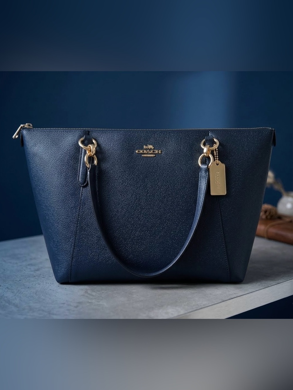 Coach Ava Midnight Blue Crossgrain Leather Tote Purse  F57526 NWT